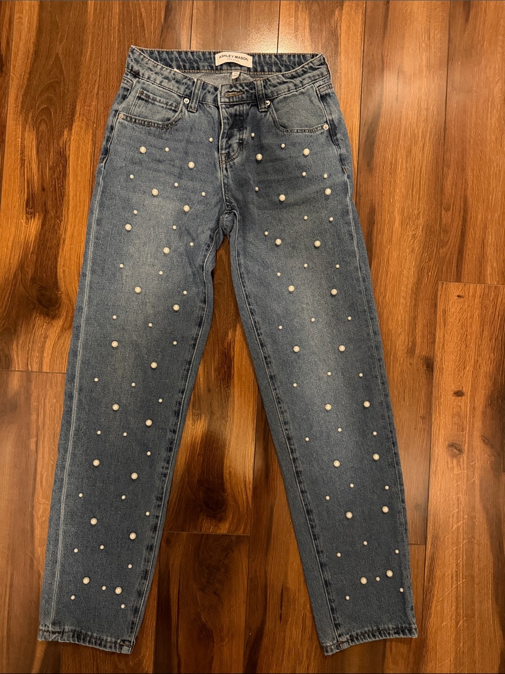 Pearl-Embellished Blue Denim Jeans - Women's